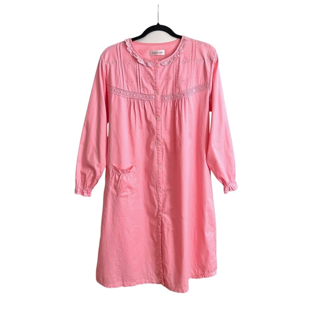 Vintage 70s Pink Lace Trim Night Dress Poplin Cotton Cottagecore Loungewear S